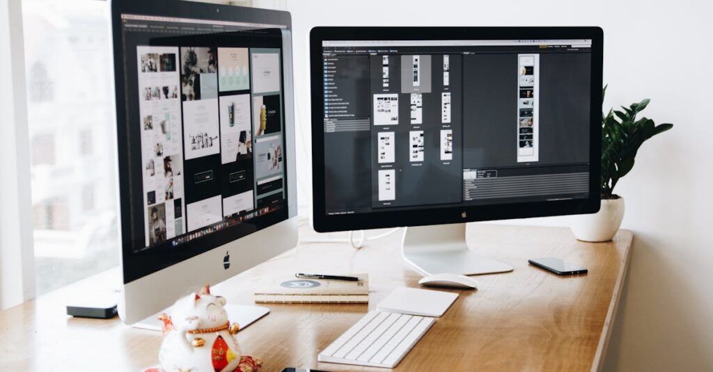 A well-organized design workspace with dual monitors and design software on display.