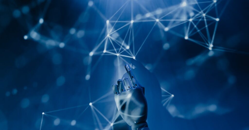 A robotic hand reaching into a digital network on a blue background, symbolizing AI technology.